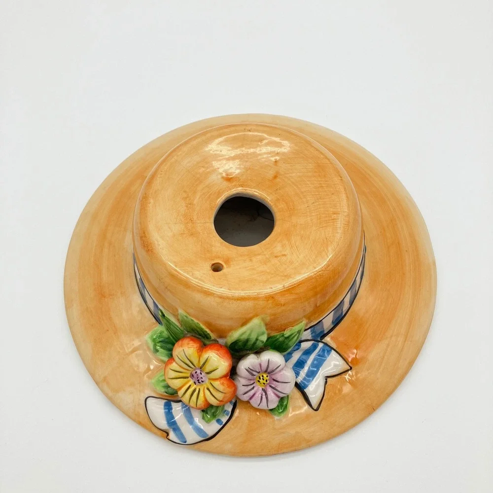 Giftco Ceramic Wall Pocket Planter Vintage 9in Tan Straw Hat Floral Ribbon